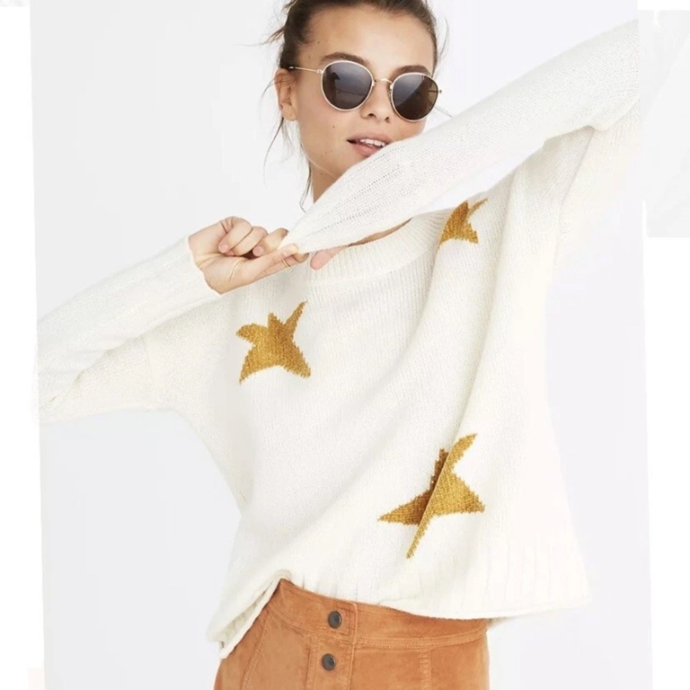 Madewell Cream Merino Wool Gold Star Sweater SZ Small Oversized Boxy Fit